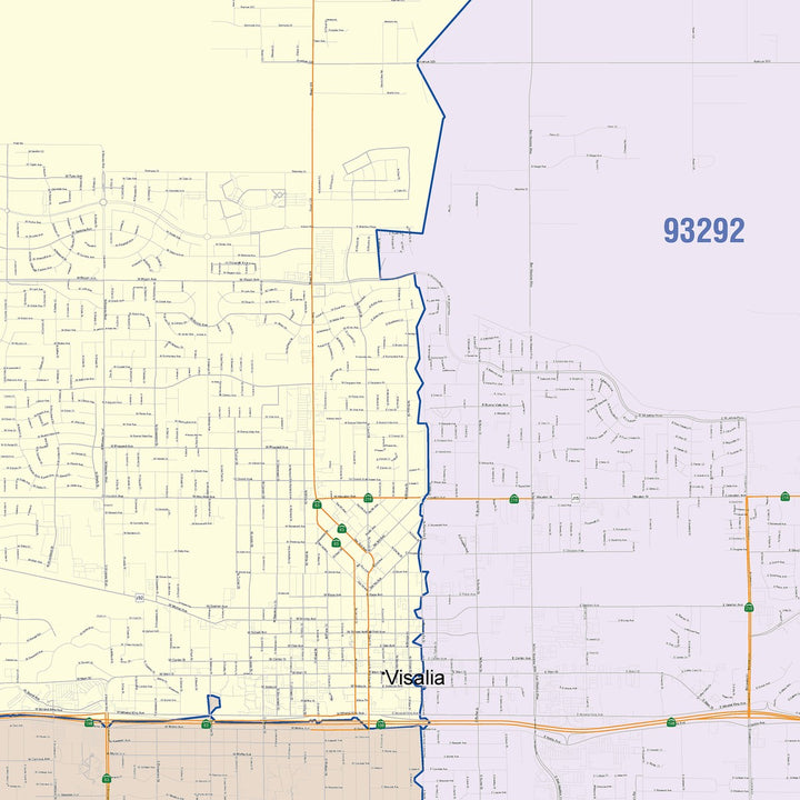 Color Cast Zip Code Style Wall Map of Visalia, CA