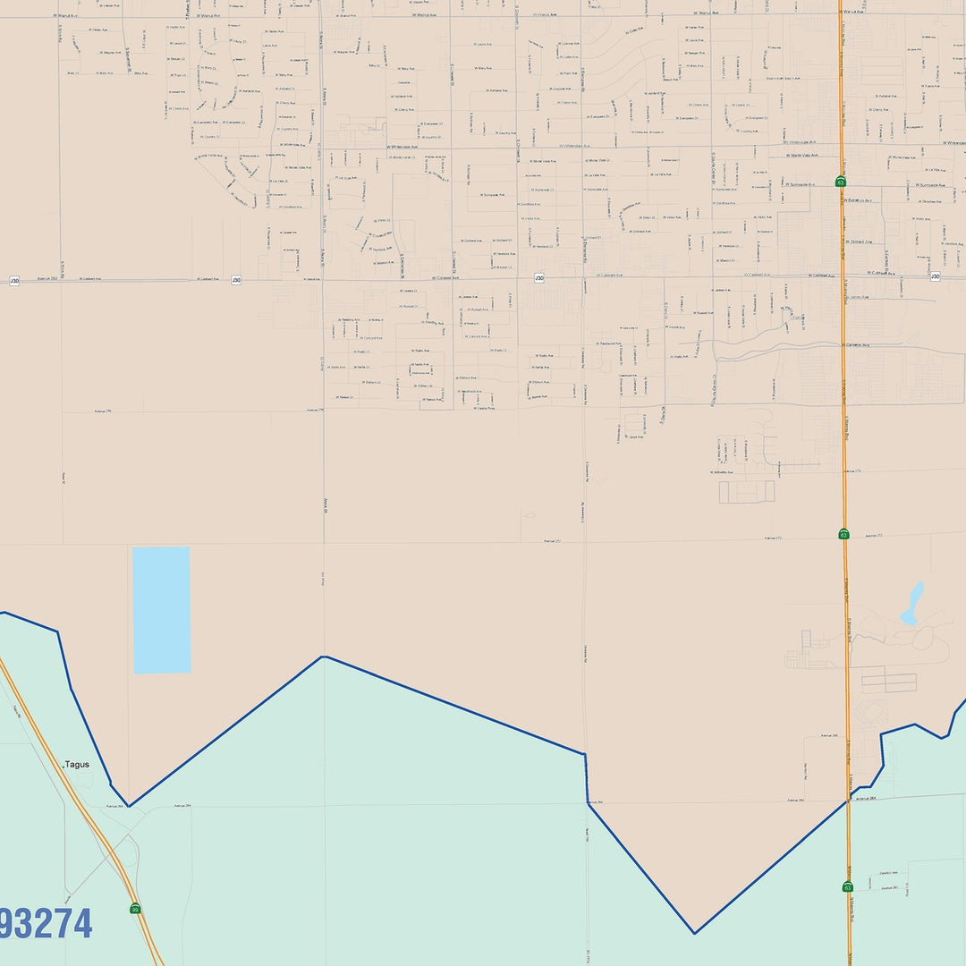 Color Cast Zip Code Style Wall Map of Visalia, CA