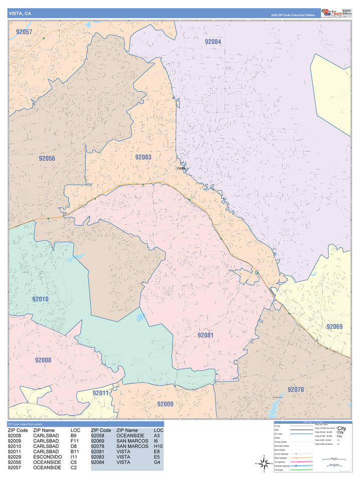 Color Cast Zip Code Style Wall Map of Vista, CA