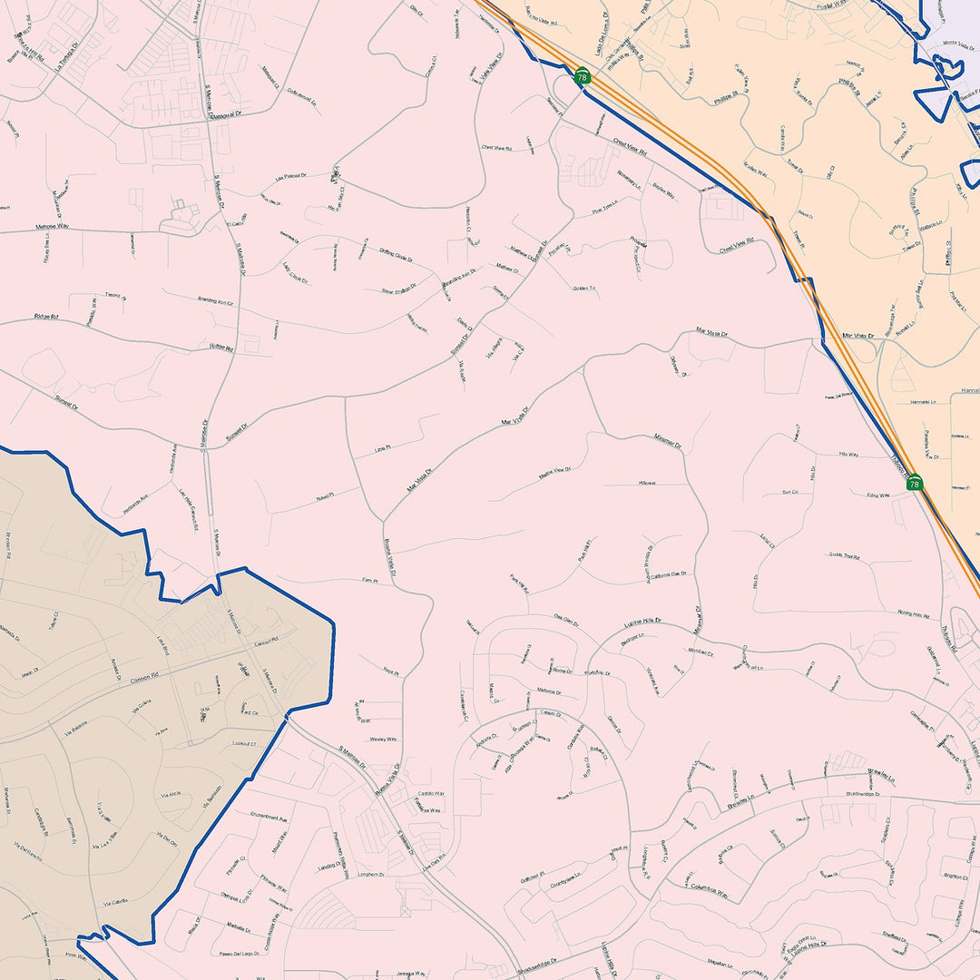 Color Cast Zip Code Style Wall Map of Vista, CA
