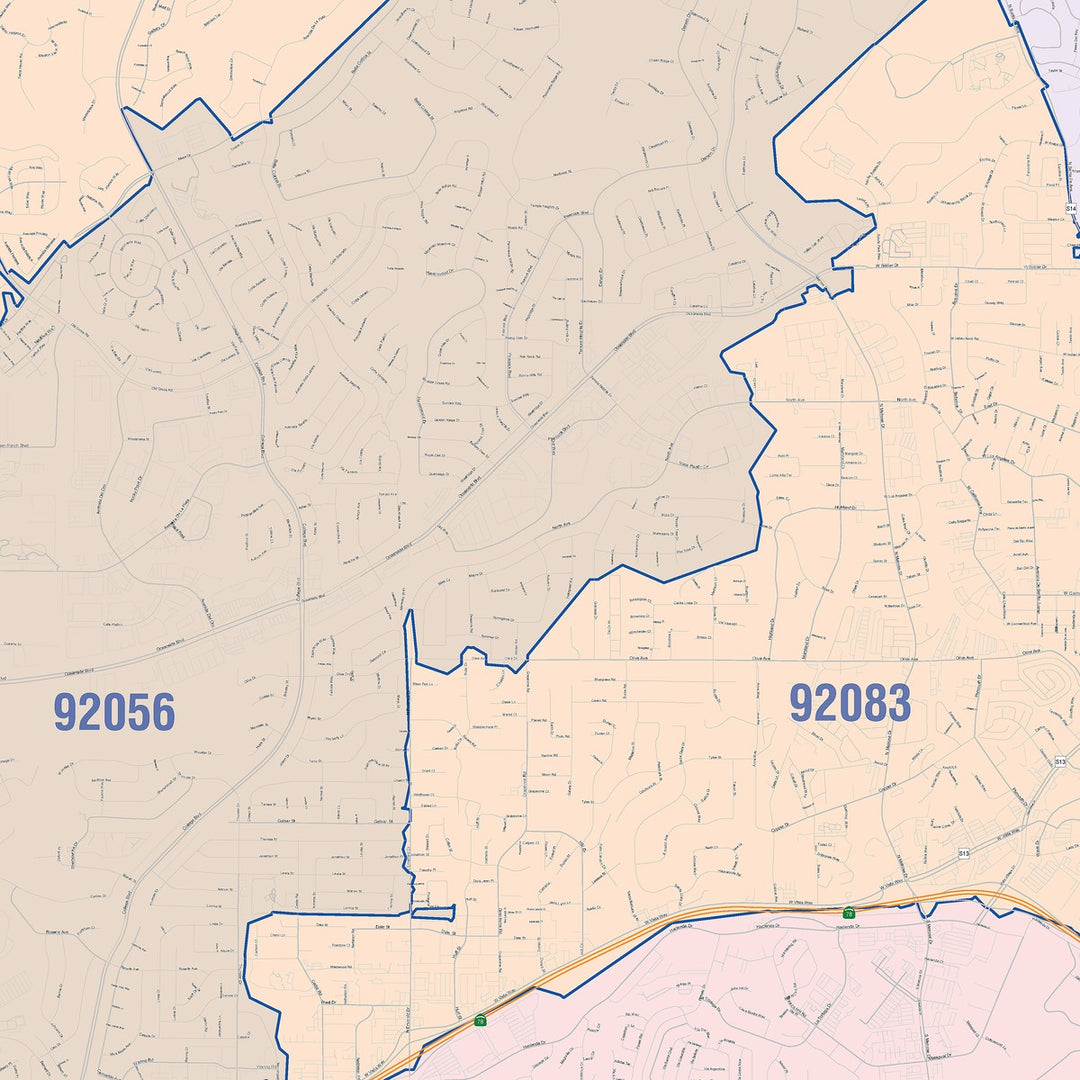 Color Cast Zip Code Style Wall Map of Vista, CA
