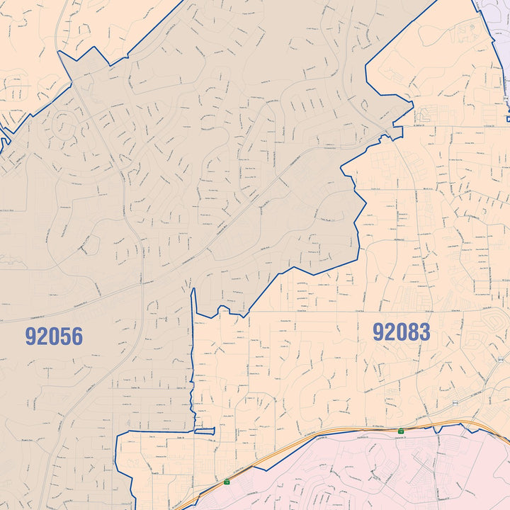 Color Cast Zip Code Style Wall Map of Vista, CA