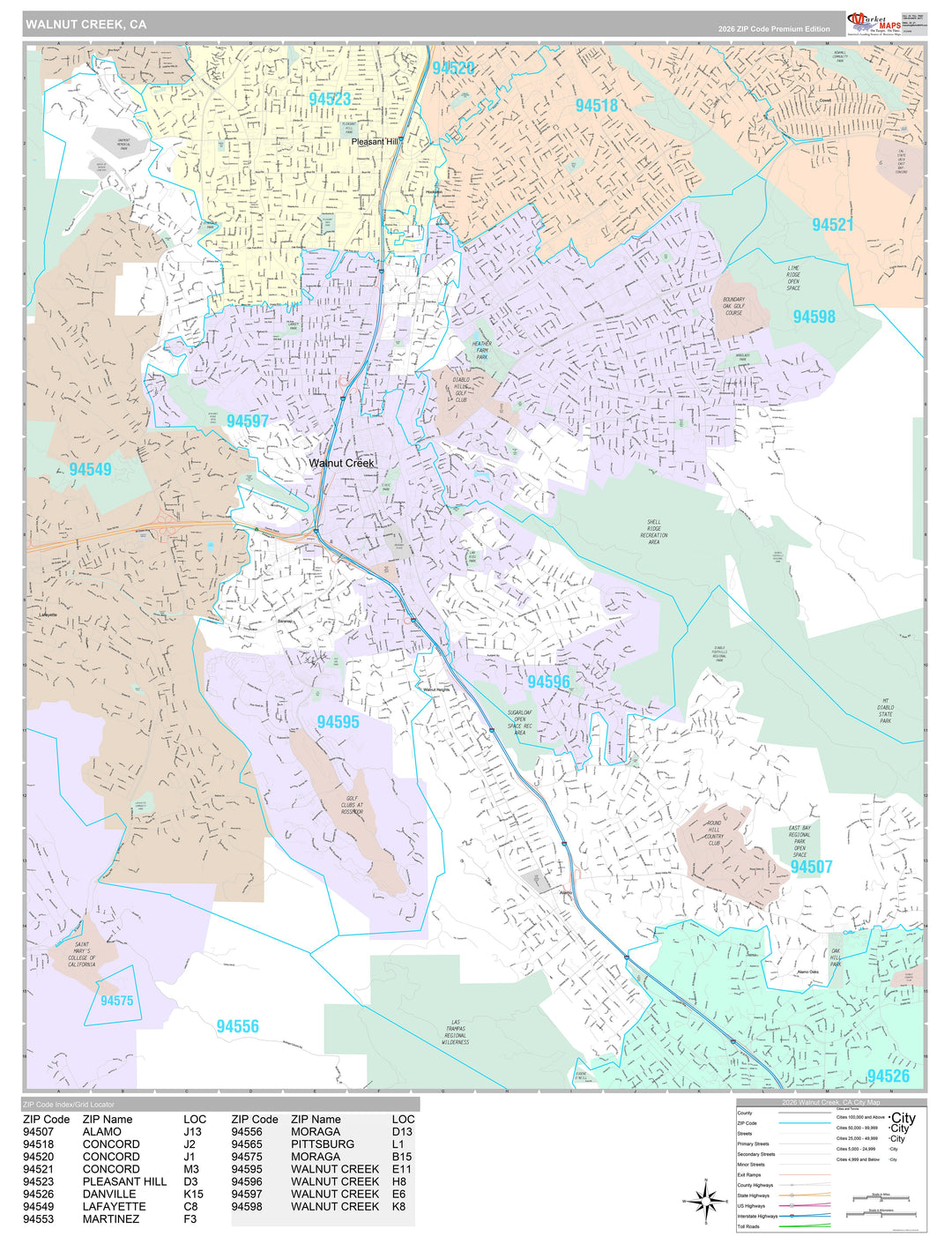 Premium Style Wall Map of Walnut Creek, CA