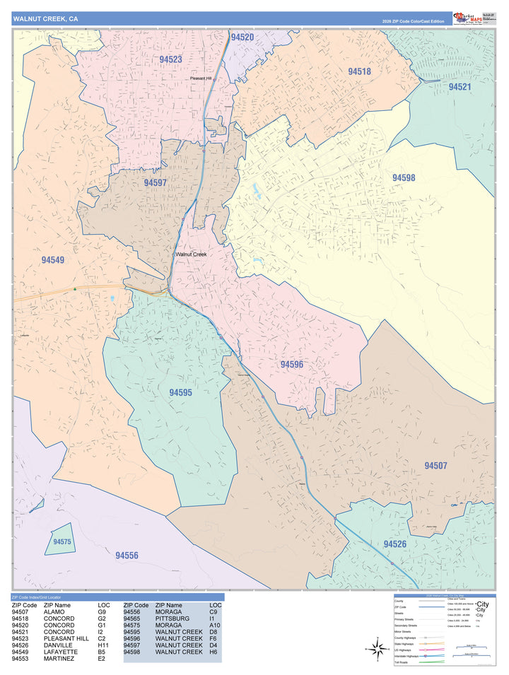 Color Cast Zip Code Style Wall Map of Walnut Creek, CA