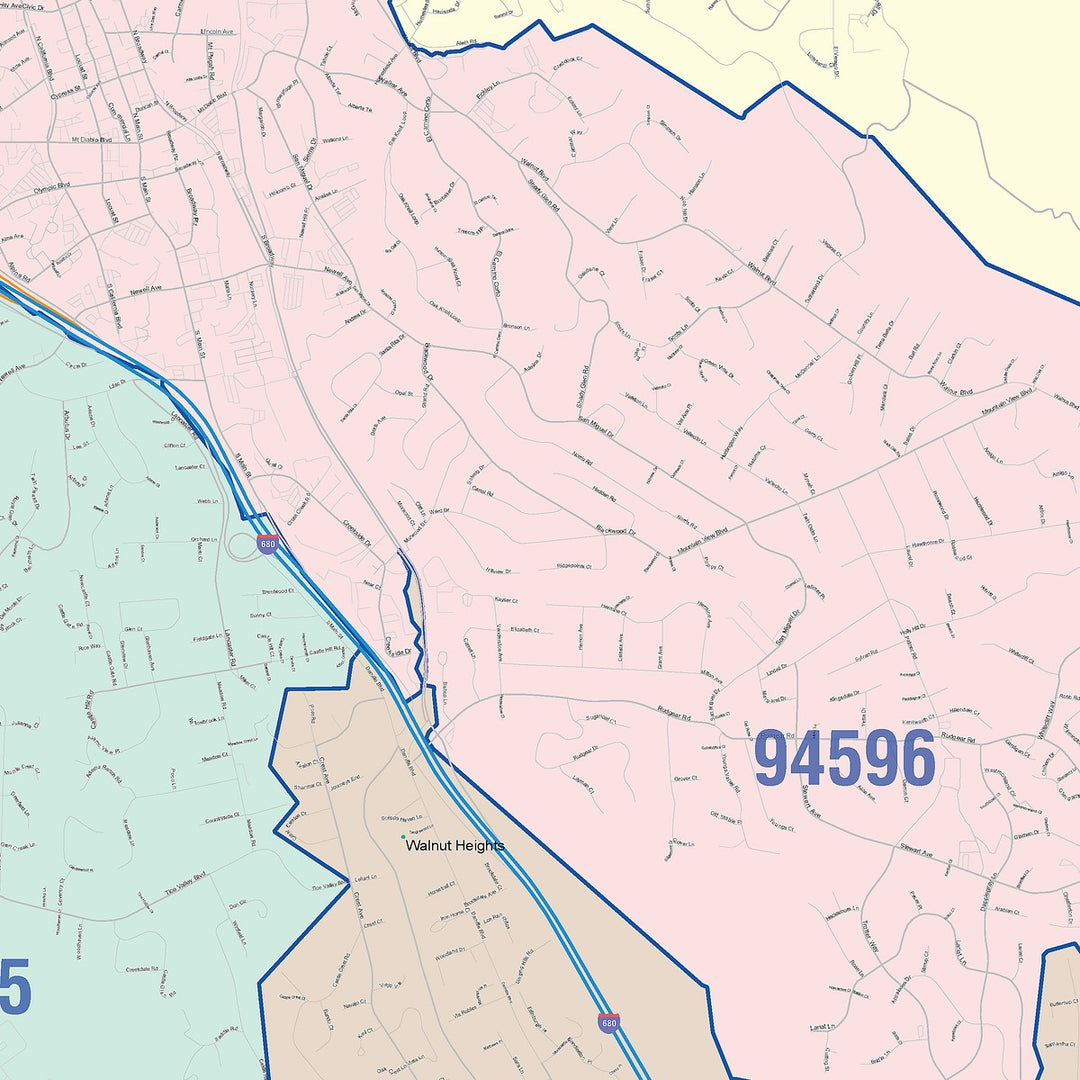 Color Cast Zip Code Style Wall Map of Walnut Creek, CA