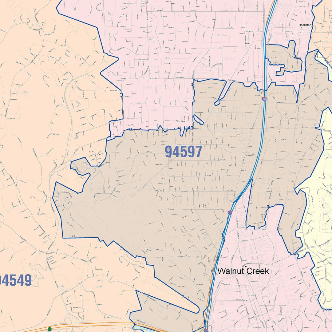 Color Cast Zip Code Style Wall Map of Walnut Creek, CA