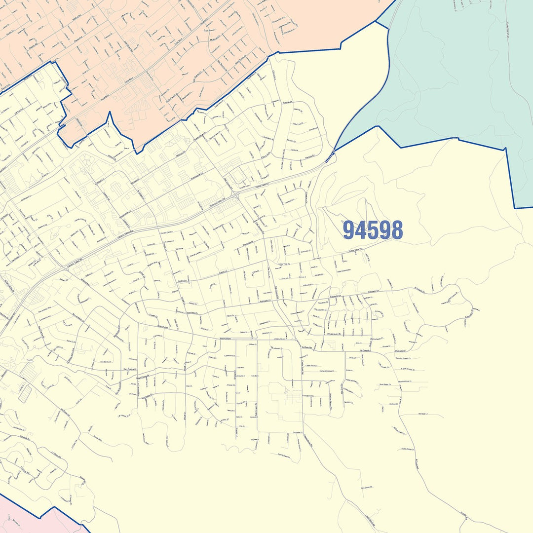 Color Cast Zip Code Style Wall Map of Walnut Creek, CA