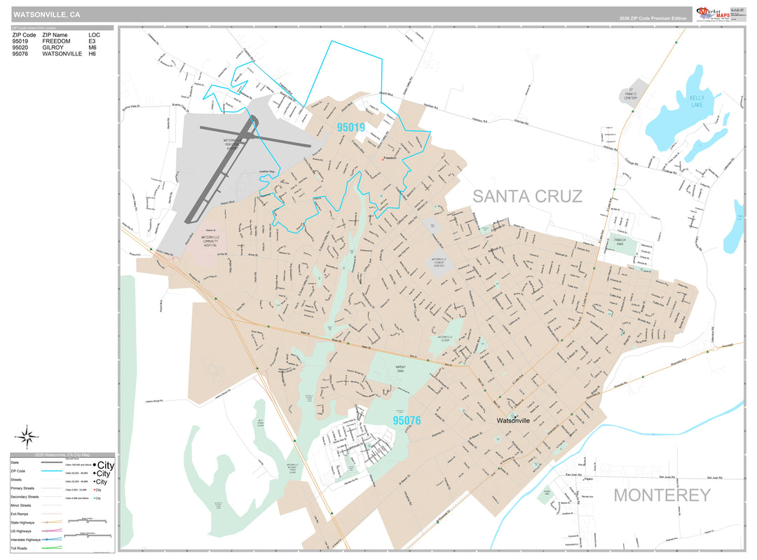 Premium Style Wall Map of Watsonville, CA