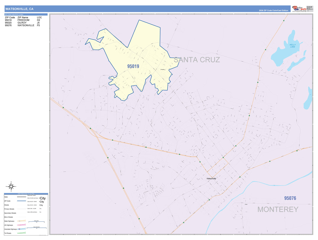 Color Cast Zip Code Style Wall Map of Watsonville, CA