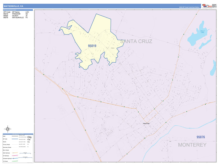 Color Cast Zip Code Style Wall Map of Watsonville, CA