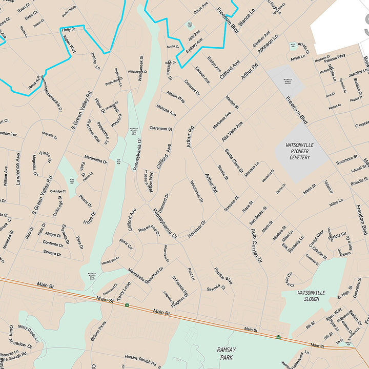 Premium Style Wall Map of Watsonville, CA