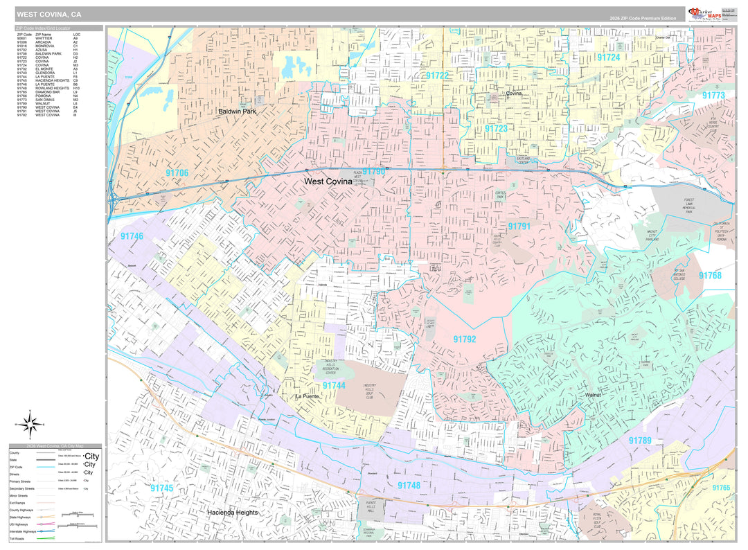 Premium Style Wall Map of West Covina, CA