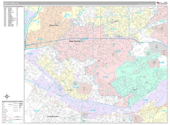 Premium Style Wall Map of West Covina, CA