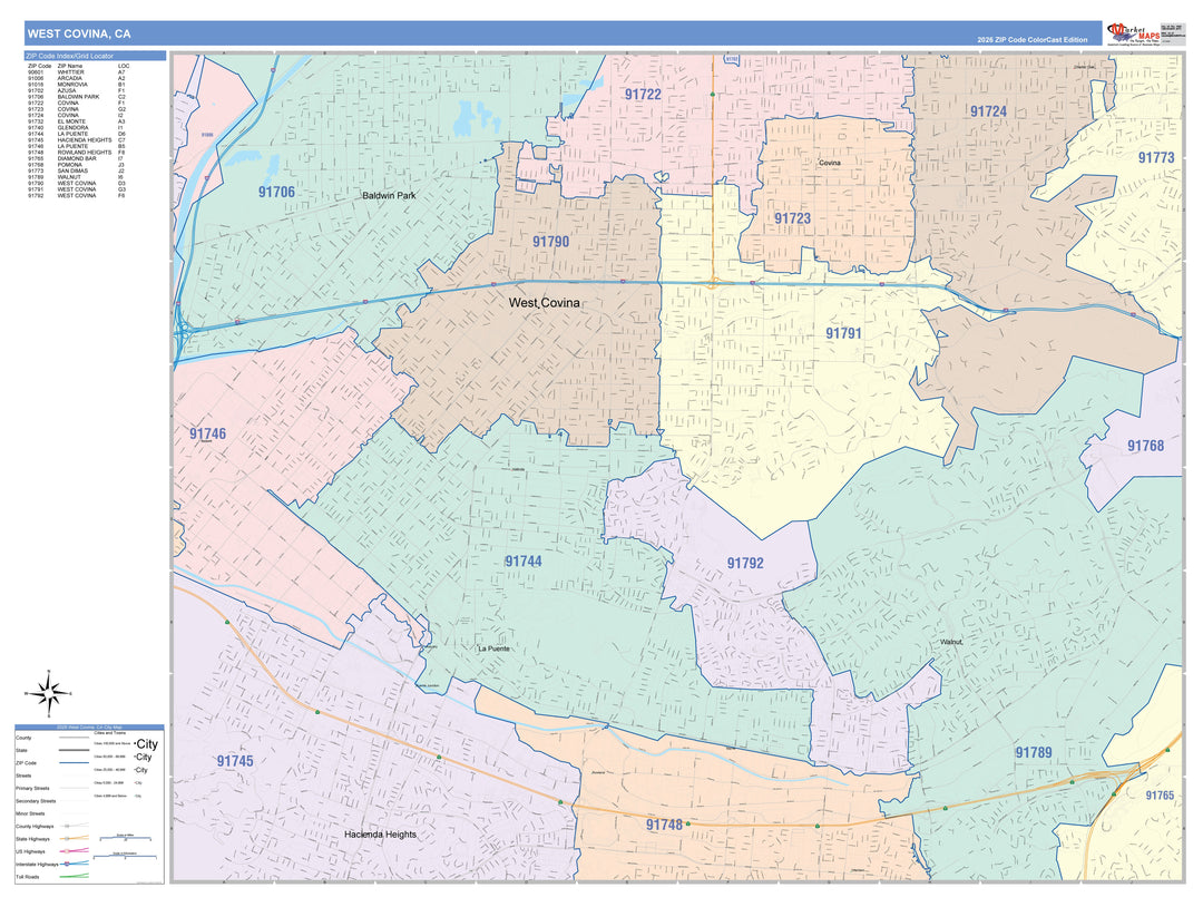 Color Cast Zip Code Style Wall Map of West Covina, CA