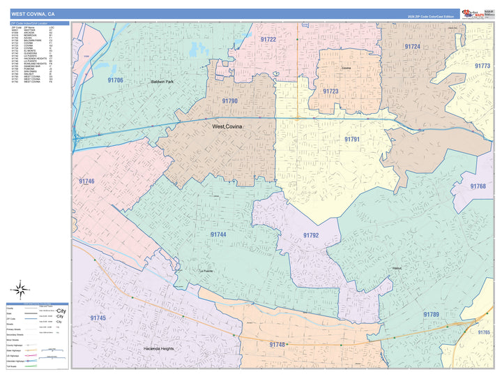 Color Cast Zip Code Style Wall Map of West Covina, CA