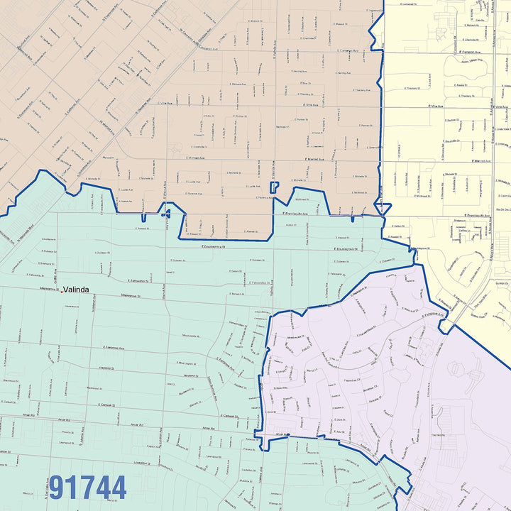 Color Cast Zip Code Style Wall Map of West Covina, CA