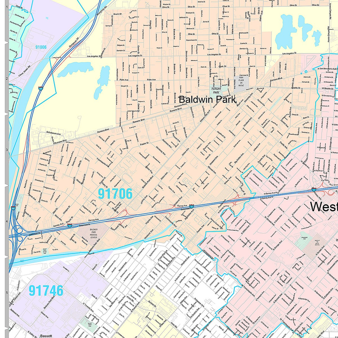 Premium Style Wall Map of West Covina, CA