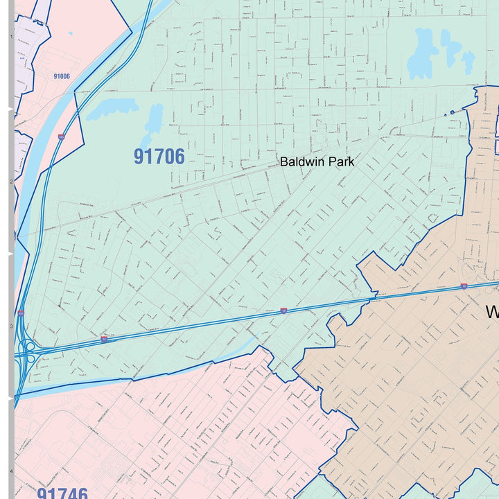 Color Cast Zip Code Style Wall Map of West Covina, CA
