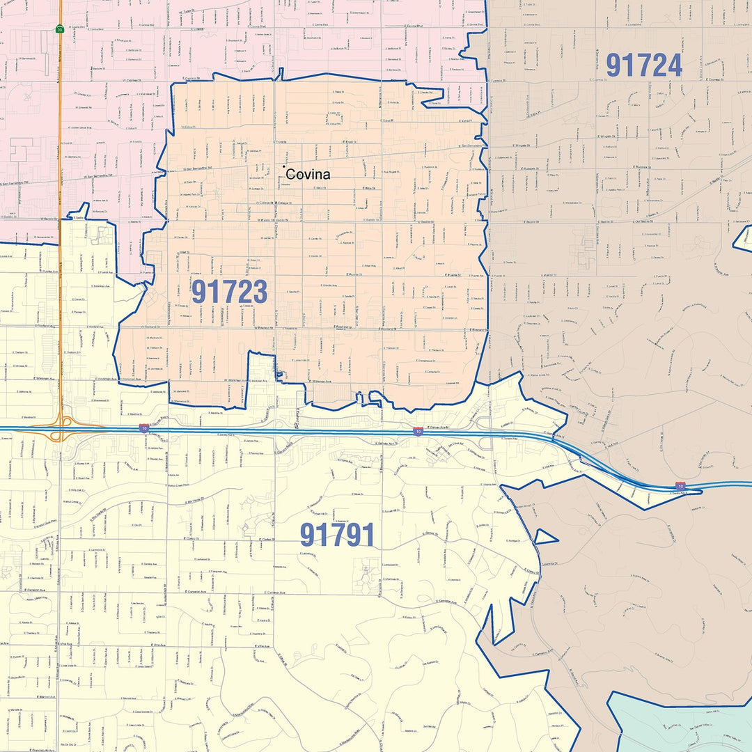 Color Cast Zip Code Style Wall Map of West Covina, CA