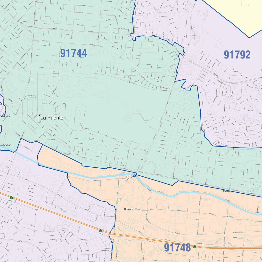Color Cast Zip Code Style Wall Map of West Covina, CA
