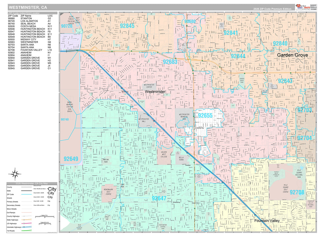 Premium Style Wall Map of Westminster, CA