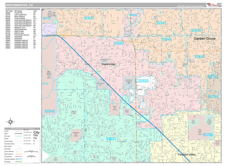 Premium Style Wall Map of Westminster, CA