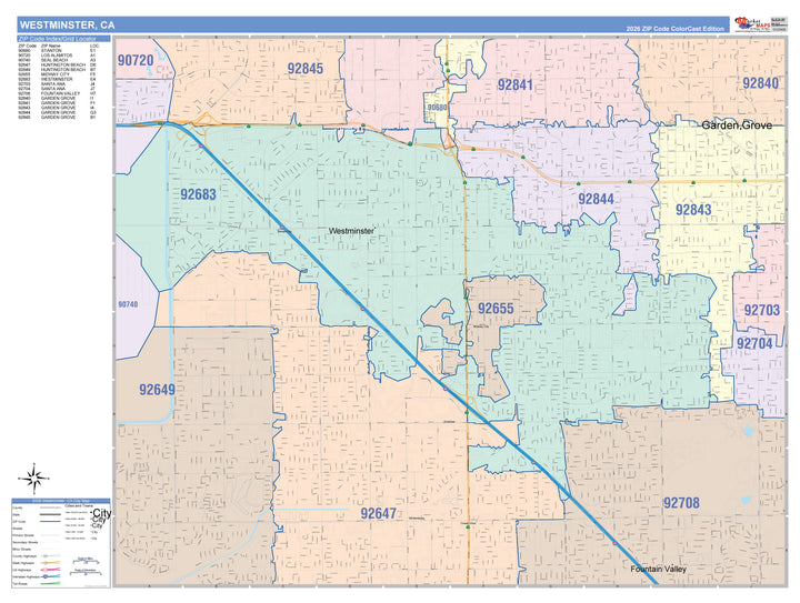 Color Cast Zip Code Style Wall Map of Westminister, CA
