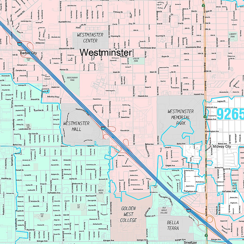 Premium Style Wall Map of Westminster, CA