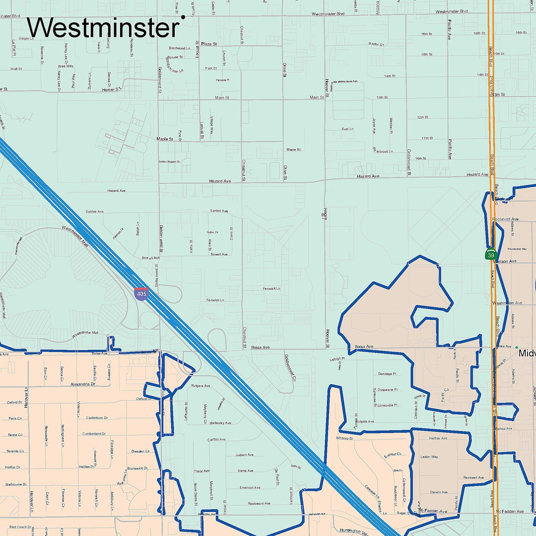 Color Cast Zip Code Style Wall Map of Westminister, CA