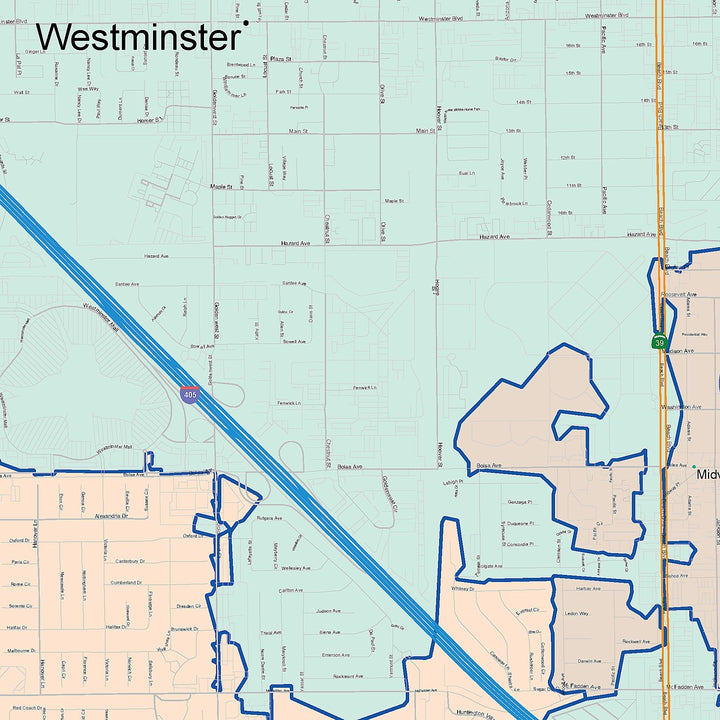 Color Cast Zip Code Style Wall Map of Westminister, CA