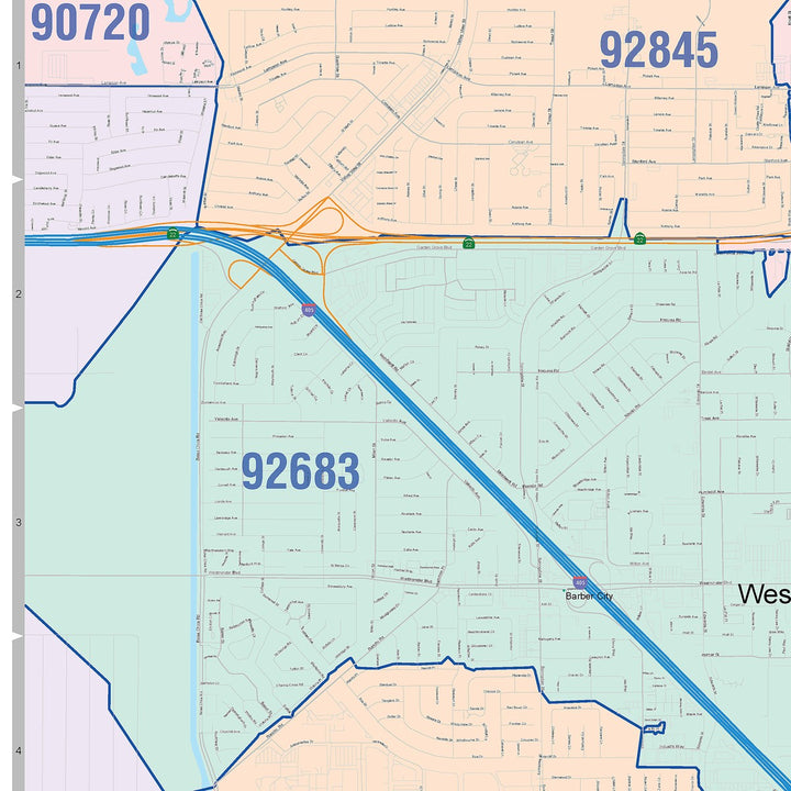 Color Cast Zip Code Style Wall Map of Westminister, CA