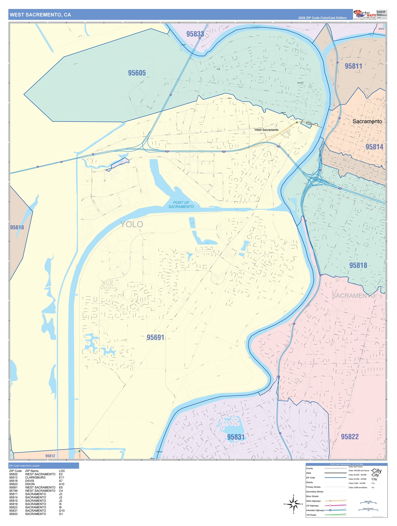 Color Cast Zip Code Style Wall Map of West Sacramento, CA