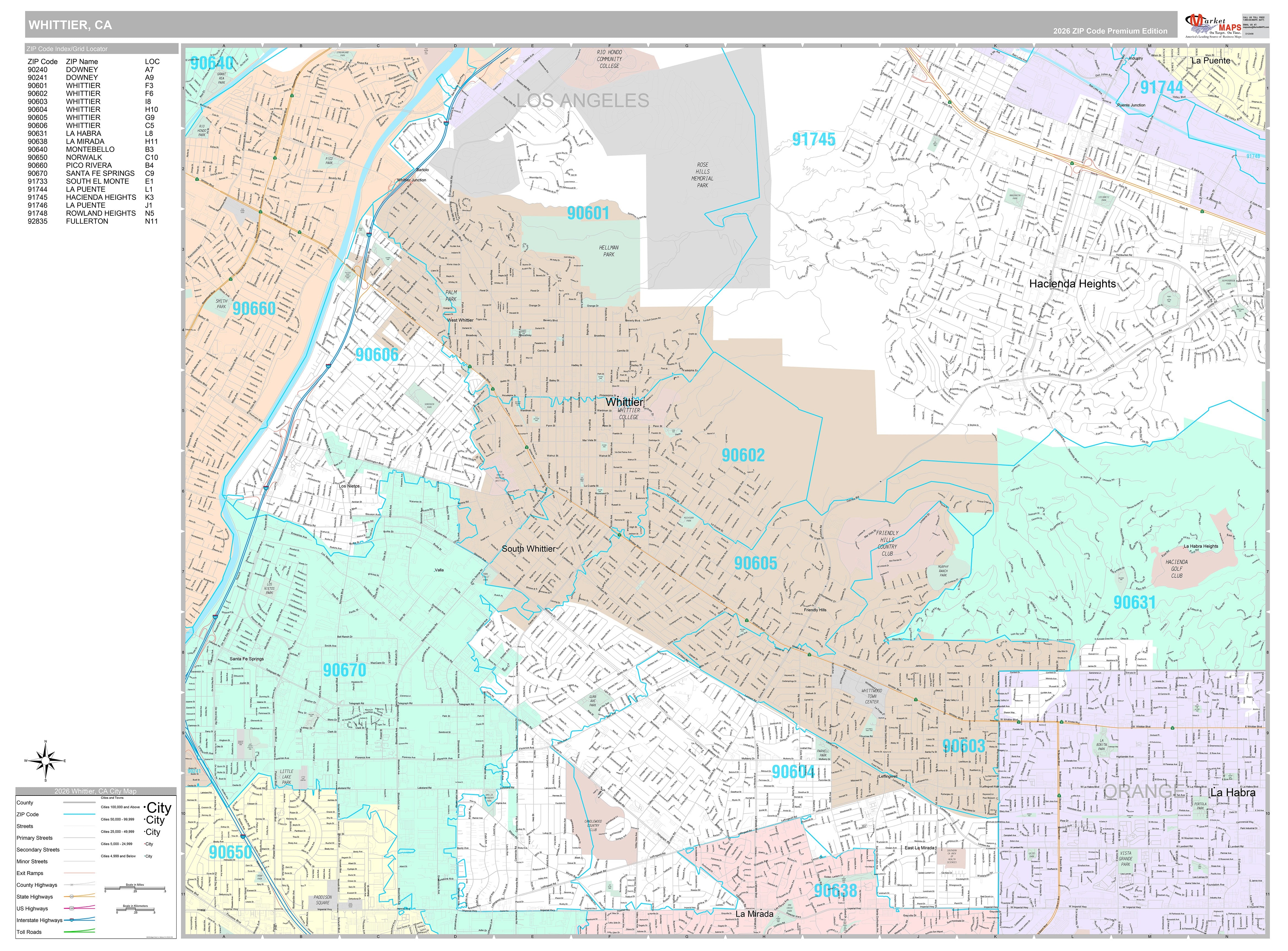 Premium Style Wall Map of Whittier, CA – American Map Store