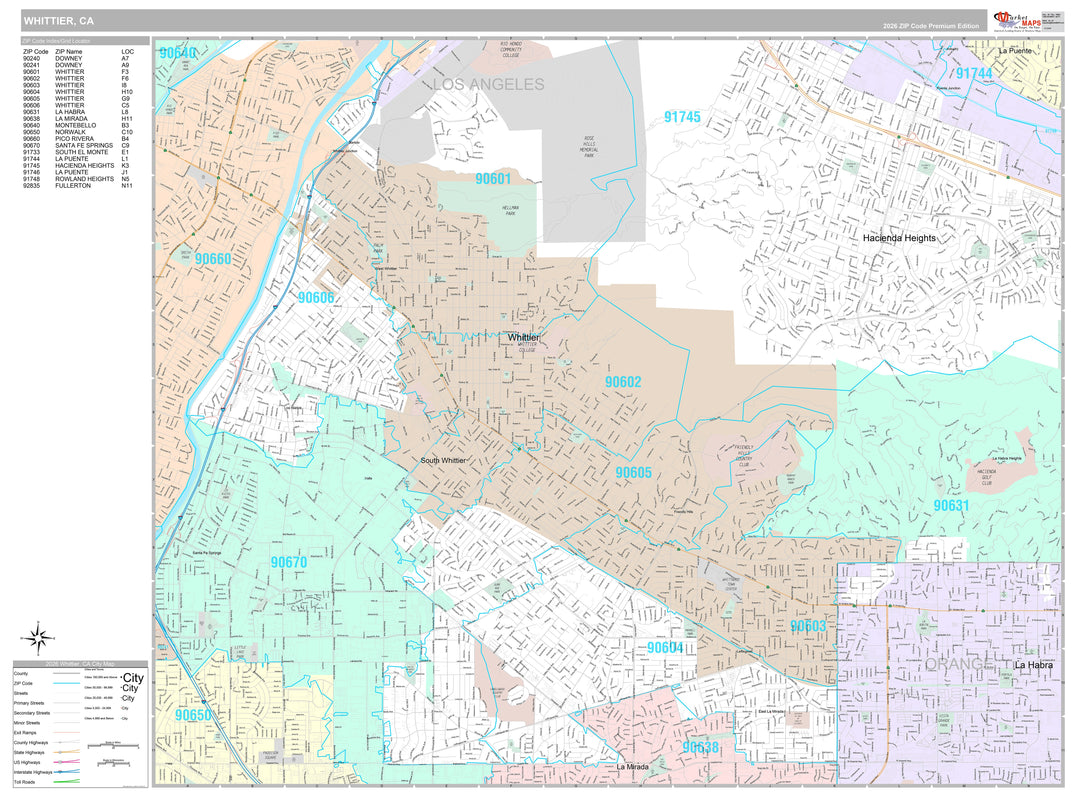 Premium Style Wall Map of Whittier, CA