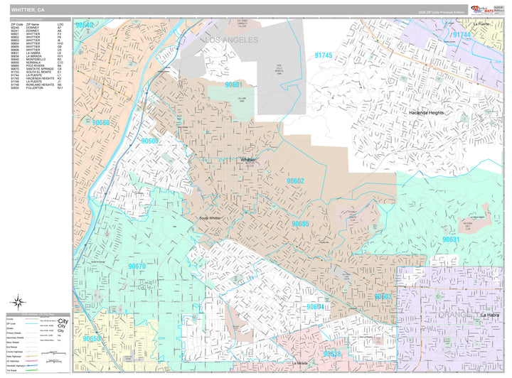 Premium Style Wall Map of Whittier, CA