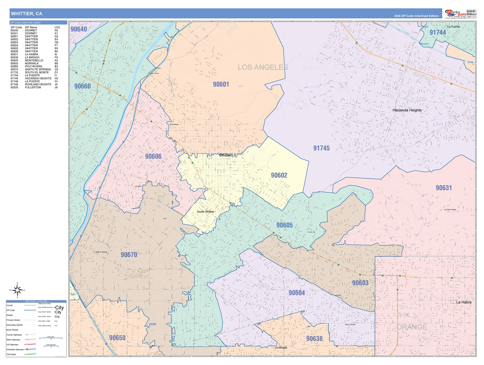 Color Cast Zip Code Style Wall Map of Whittier, CA