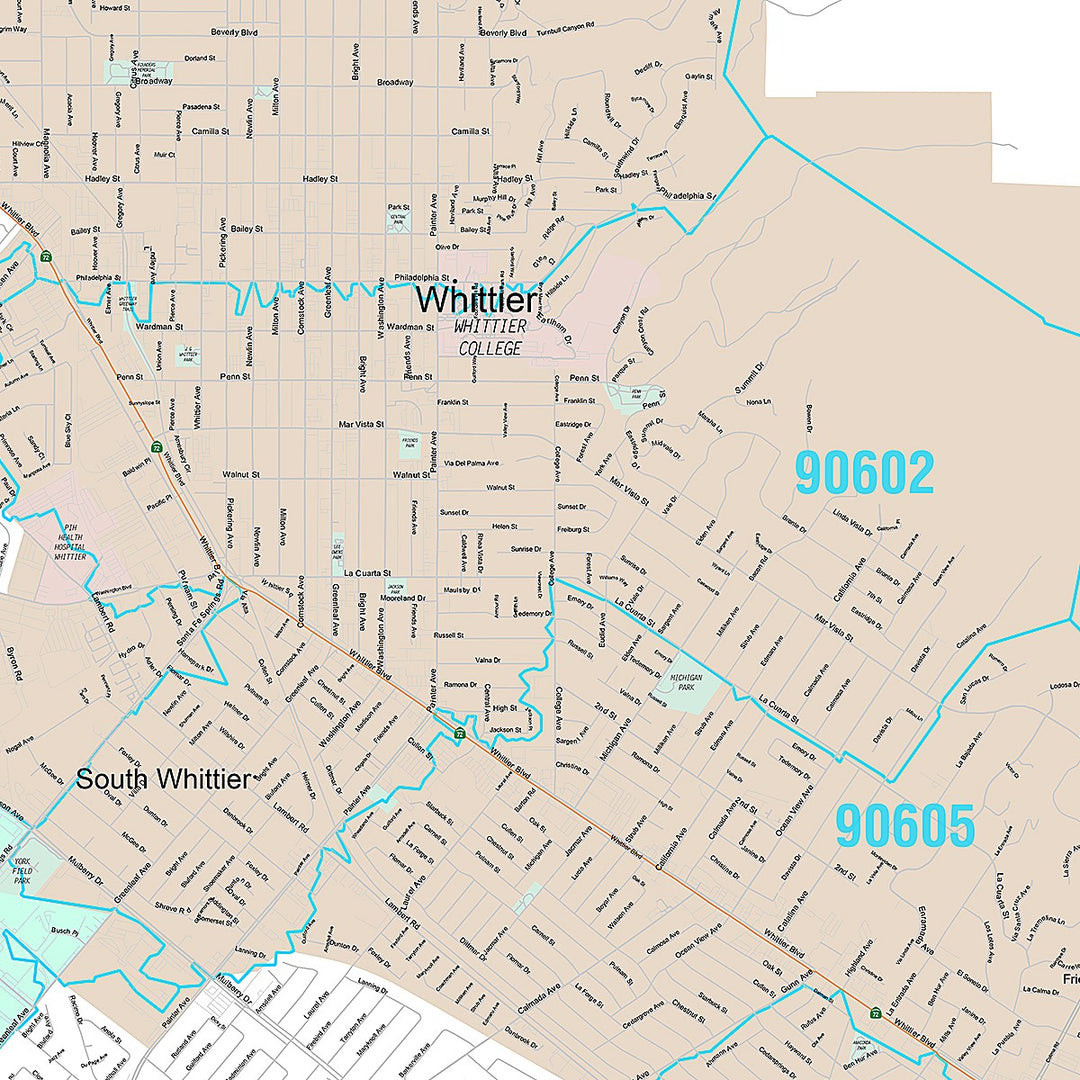 Premium Style Wall Map of Whittier, CA