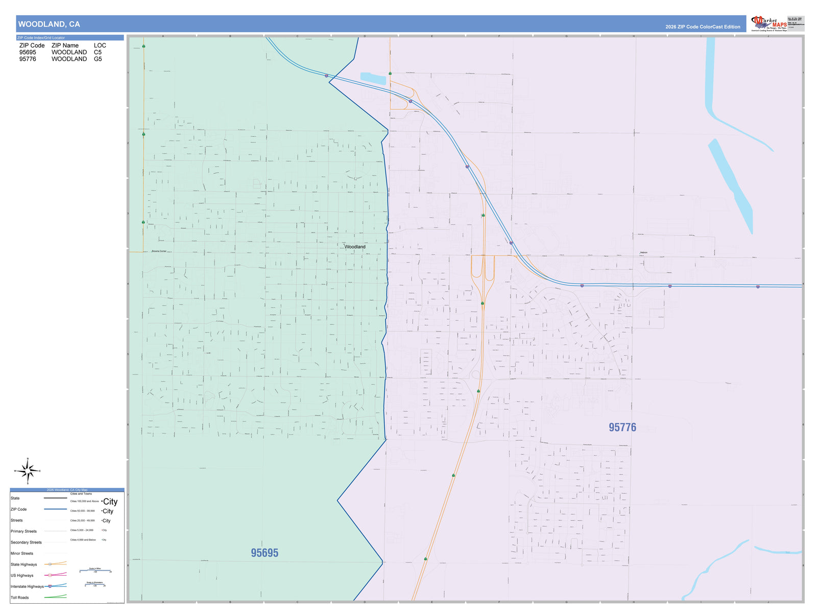 Color Cast Zip Code Style Wall Map of Woodland, CA