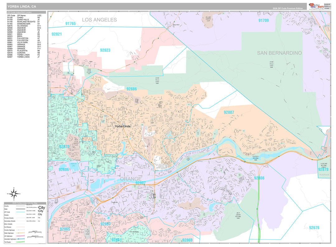 Premium Style Wall Map of Yorbalinda, CA