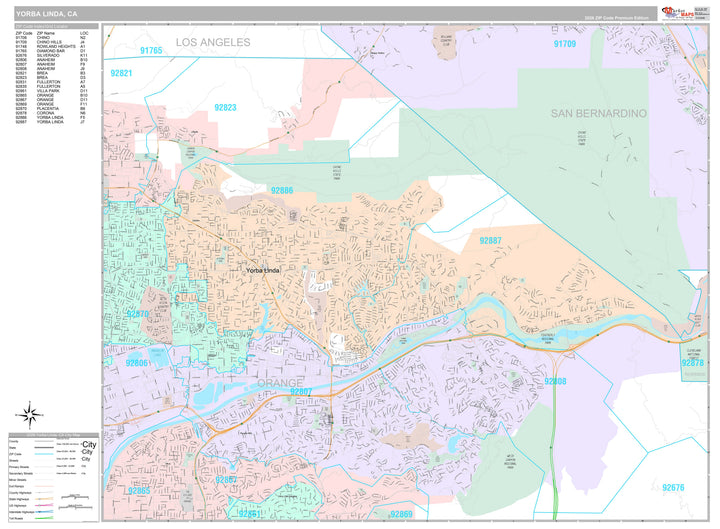 Premium Style Wall Map of Yorbalinda, CA