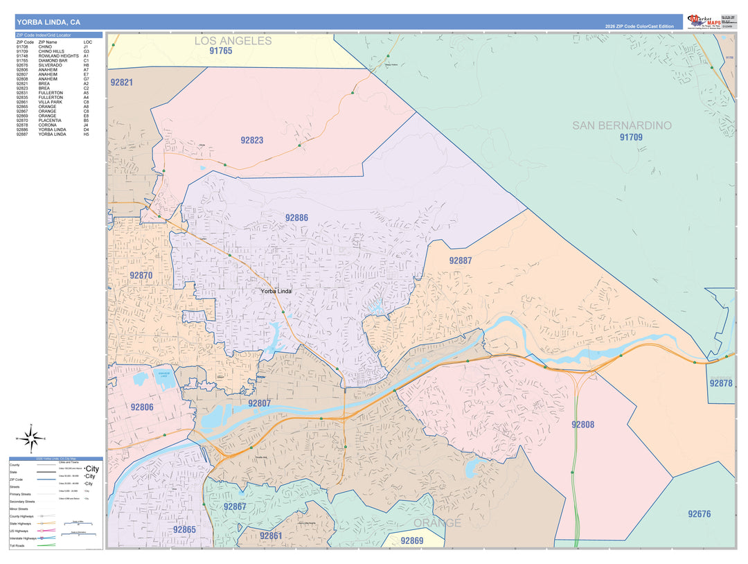 Color Cast Zip Code Style Wall Map of Yorba Linda, CA