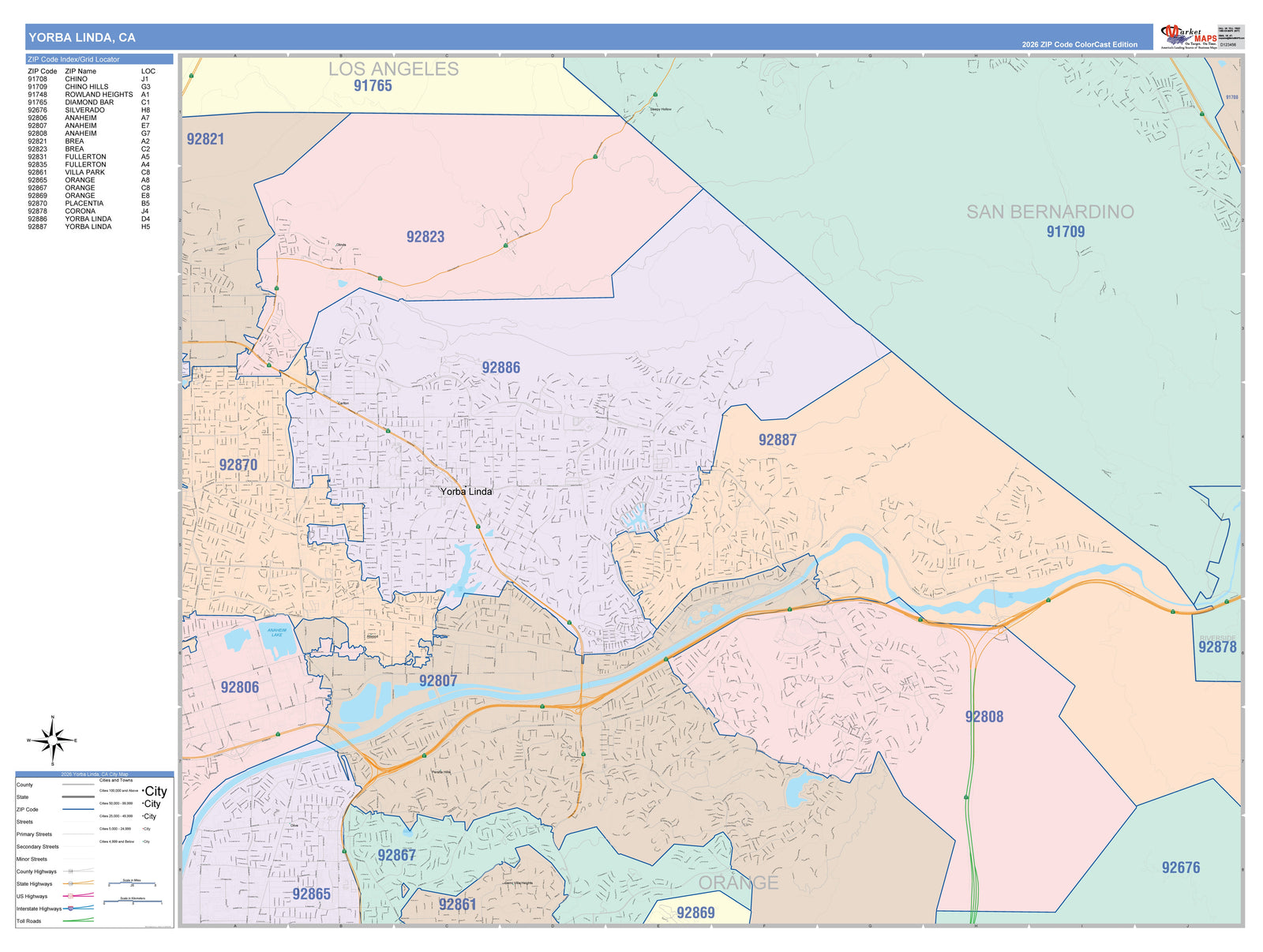 Color Cast Zip Code Style Wall Map of Yorba Linda, CA