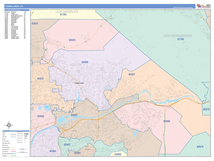 Color Cast Zip Code Style Wall Map of Yorba Linda, CA