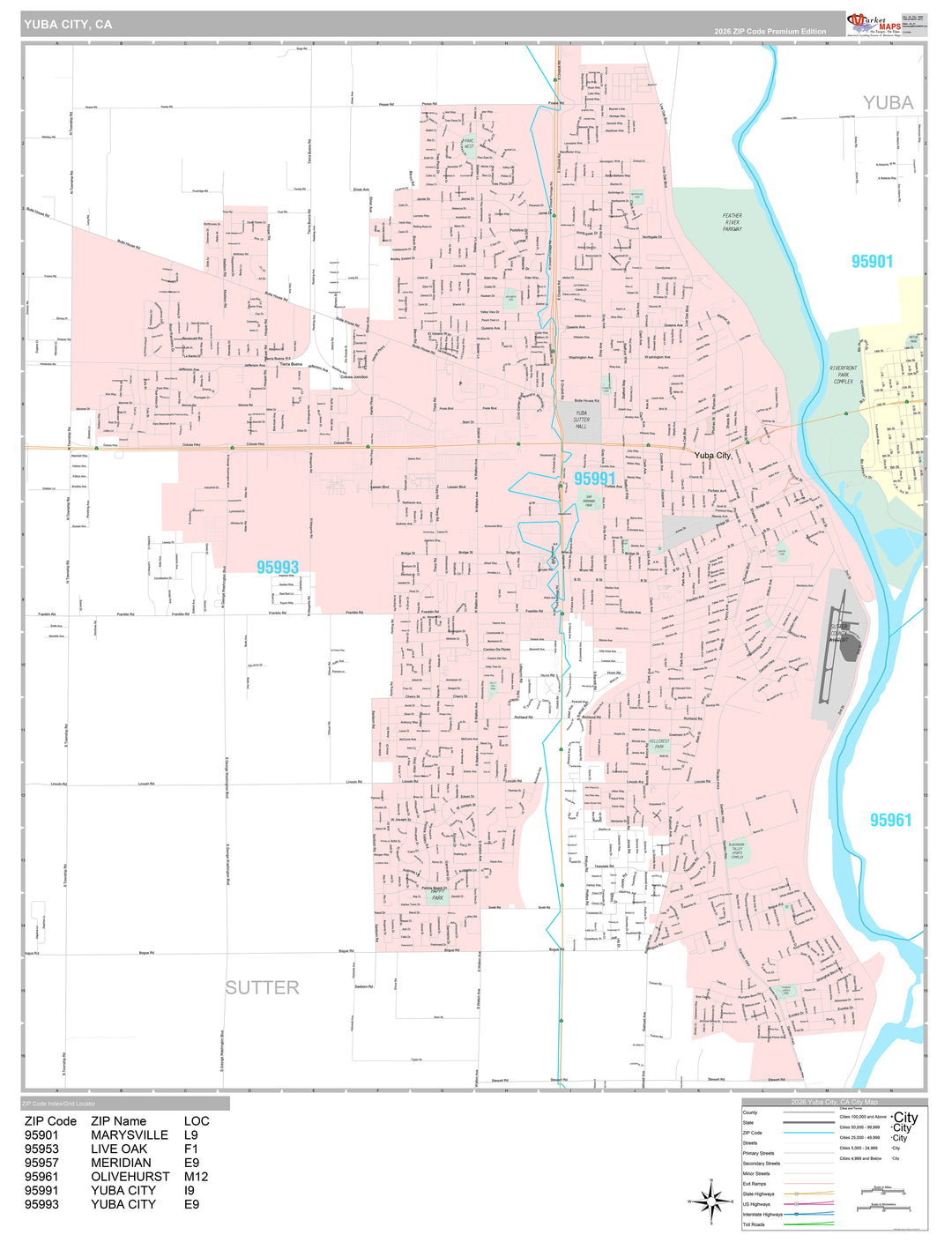 Premium Style Wall Map of Yuba City, CA