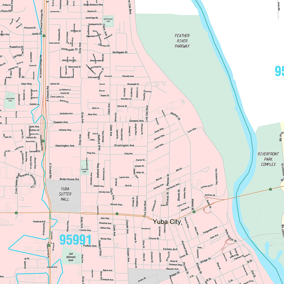 Premium Style Wall Map of Yuba City, CA