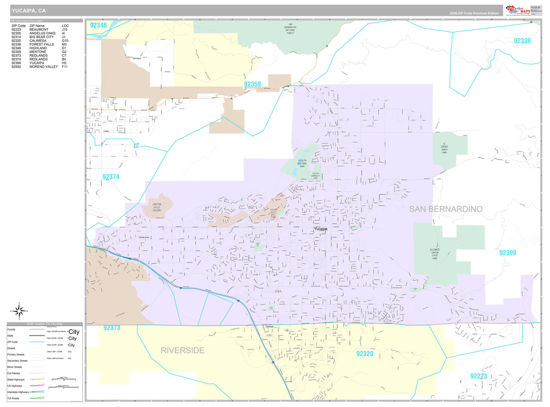 Premium Style Wall Map of Yucaipa, CA