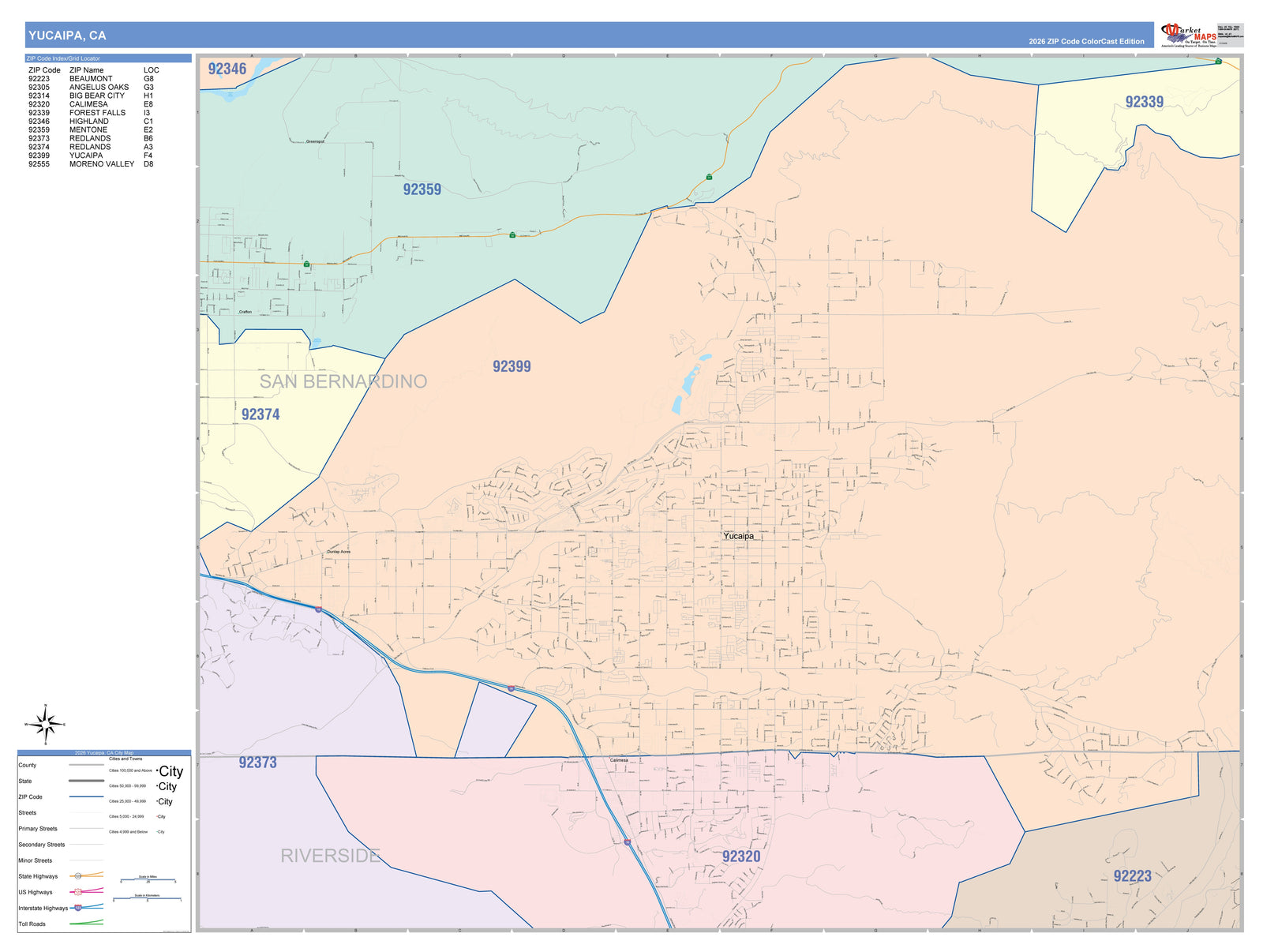 Color Cast Zip Code Style Wall Map of Yucaipa, CA