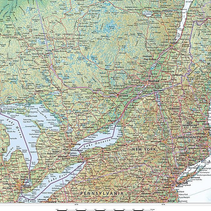 Eastern Canada Wall Map with Shaded Relief