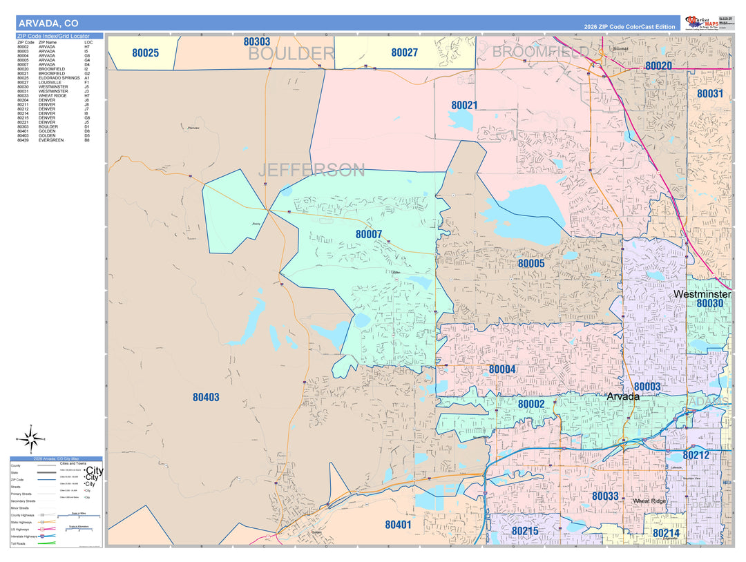 Color Cast Zip Code Style Wall Map of Arvada, CO