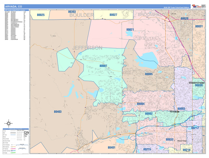 Color Cast Zip Code Style Wall Map of Arvada, CO